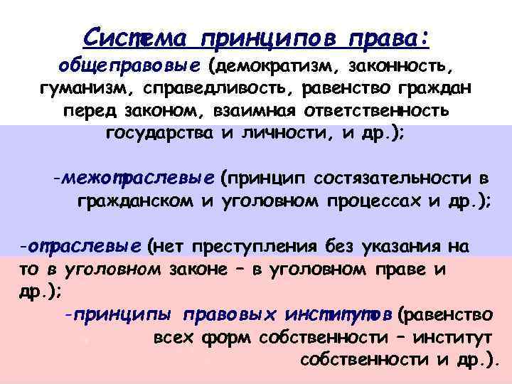 Система принципов права: общеправовые (демократизм, законность, гуманизм, справедливость, равенство граждан перед законом, взаимная ответственность