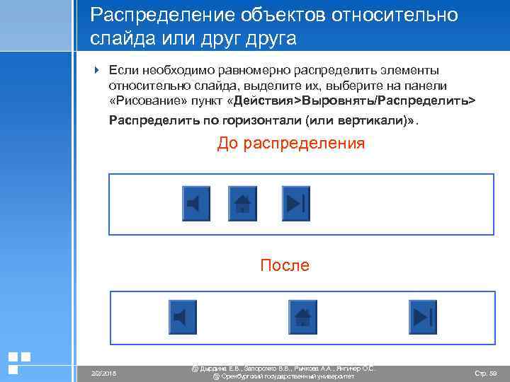 Распределение объектов относительно слайда или друга 4 Если необходимо равномерно распределить элементы относительно слайда,