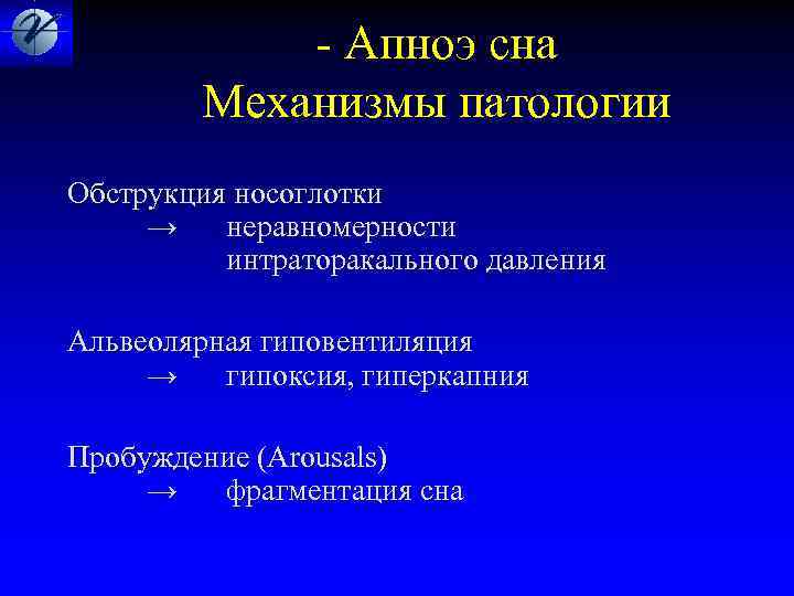  - Апноэ сна Механизмы патологии Обструкция носоглотки → неравномерности интраторакального давления Альвеолярная гиповентиляция