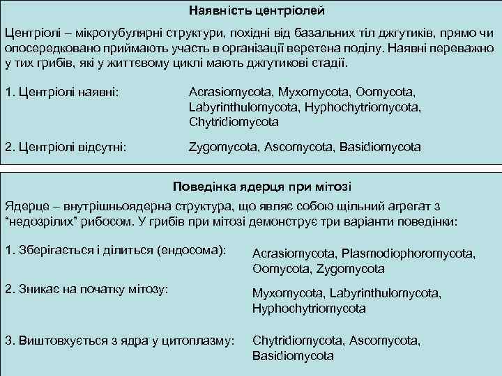 Наявність центріолей Центріолі – мікротубулярні структури, похідні від базальних тіл джгутиків, прямо чи опосередковано