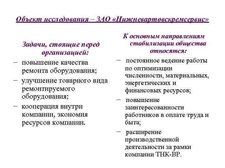 Объект исследования – ЗАО «Нижневартовскремсервис» Задачи, стоящие перед организацией: − повышение качества ремонта оборудования;