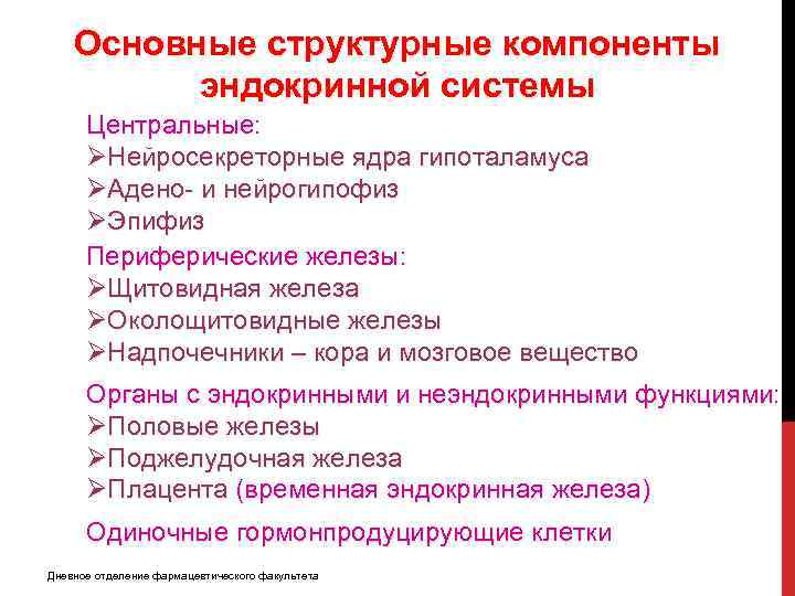 Основные структурные компоненты эндокринной системы Центральные: ØНейросекреторные ядра гипоталамуса ØАдено- и нейрогипофиз ØЭпифиз Периферические