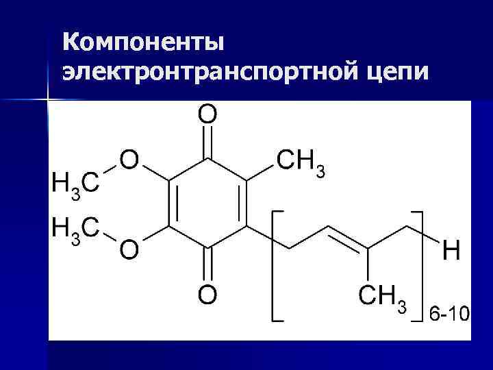 Компоненты электронтранспортной цепи n Хиноны — жирорастворимые соединения, имеющие длинный терпеноидный "хвост", связанный с