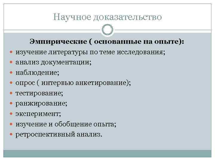 Научное доказательство Эмпирические ( основанные на опыте): изучение литературы по теме исследования; анализ документации;