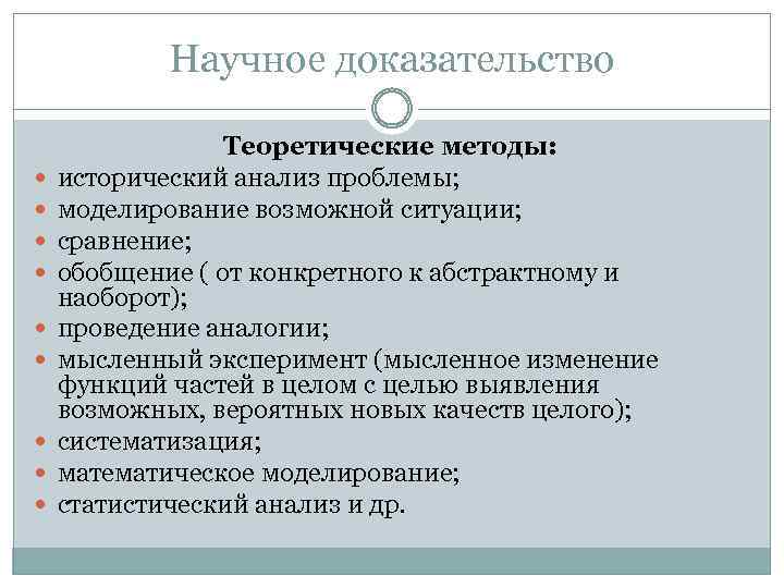 Научное доказательство Теоретические методы: исторический анализ проблемы; моделирование возможной ситуации; сравнение; обобщение ( от