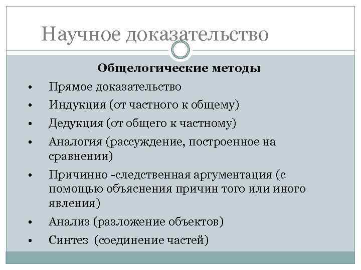 Научное доказательство Общелогические методы • Прямое доказательство • Индукция (от частного к общему) •
