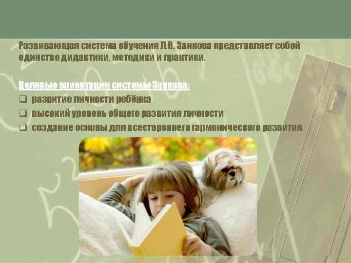 Развивающая система обучения Л. В. Занкова представляет собой единство дидактики, методики и практики. Целевые
