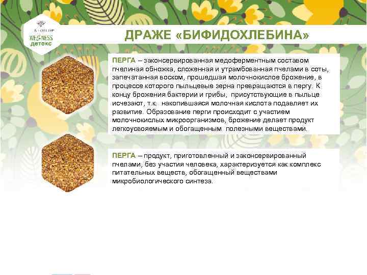  ДРАЖЕ «БИФИДОХЛЕБИНА» ПЕРГА – законсервированная медоферментным составом пчелиная обножка, сложенная и утрамбованная пчелами