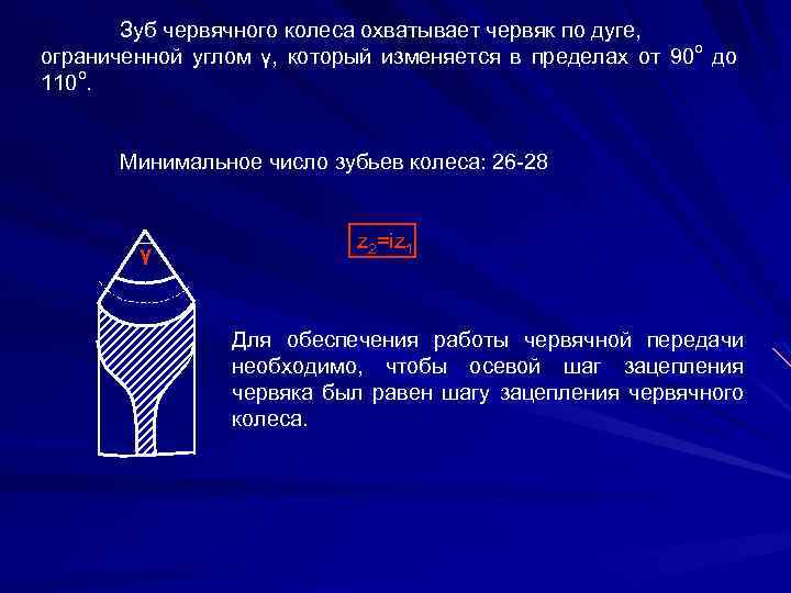Зуб червячного колеса охватывает червяк по дуге, ограниченной углом γ, который изменяется в пределах