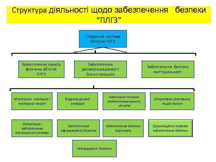 Структура діяльності щодо забезпечення безпеки “ПЛГЗ” Створення системи безпеки ПЛГЗ Забезпечення захисту фізичних об’єктів