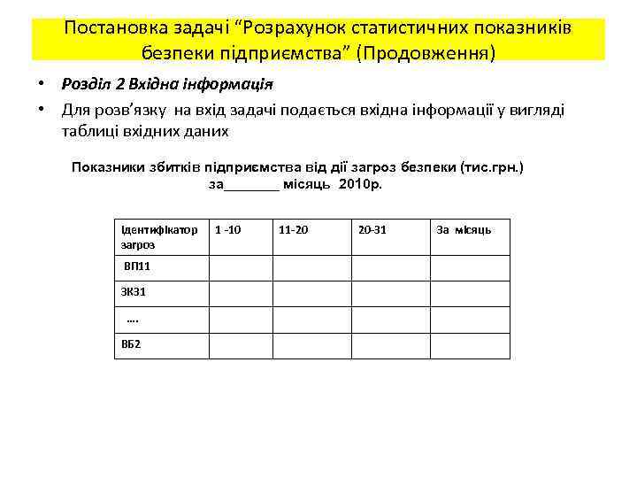 Постановка задачі “Розрахунок статистичних показників безпеки підприємства” (Продовження) • Розділ 2 Вхідна інформація •