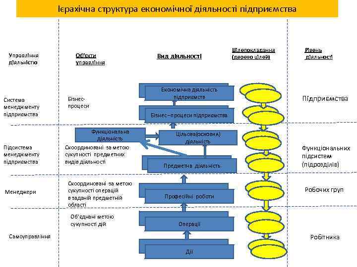 Ієрахічна структура економічної діяльності підприємства Управління діяльністю Система менеджменту підприємства Підсистема менеджменту підприємства Менеджери