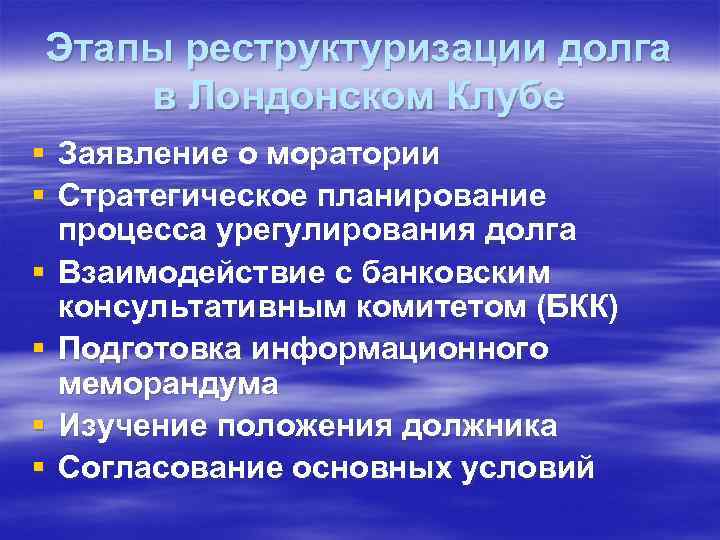 Этапы реструктуризации долга в Лондонском Клубе § Заявление о моратории § Стратегическое планирование процесса