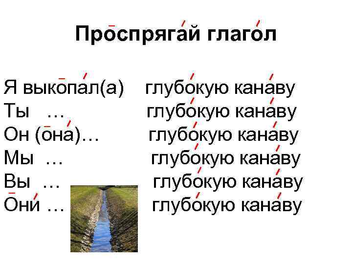 Проспрягай глагол Я выкопал(а) глубокую канаву Ты … глубокую канаву Он (она)… глубокую канаву