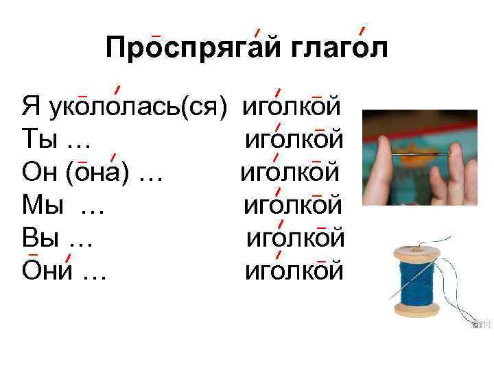 Проспрягай глагол Я укололась(ся) иголкой Ты … иголкой Он (она) … иголкой Мы …