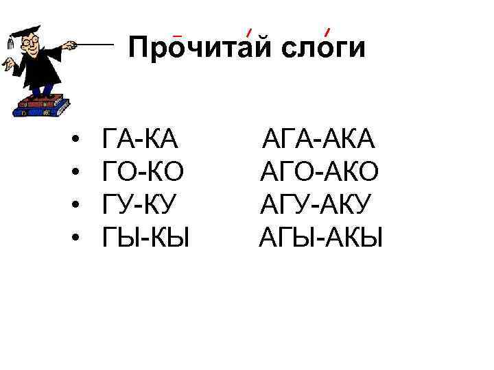Прочитай слоги • • ГА-КА АГА-АКА ГО-КО АГО-АКО ГУ-КУ АГУ-АКУ ГЫ-КЫ АГЫ-АКЫ 