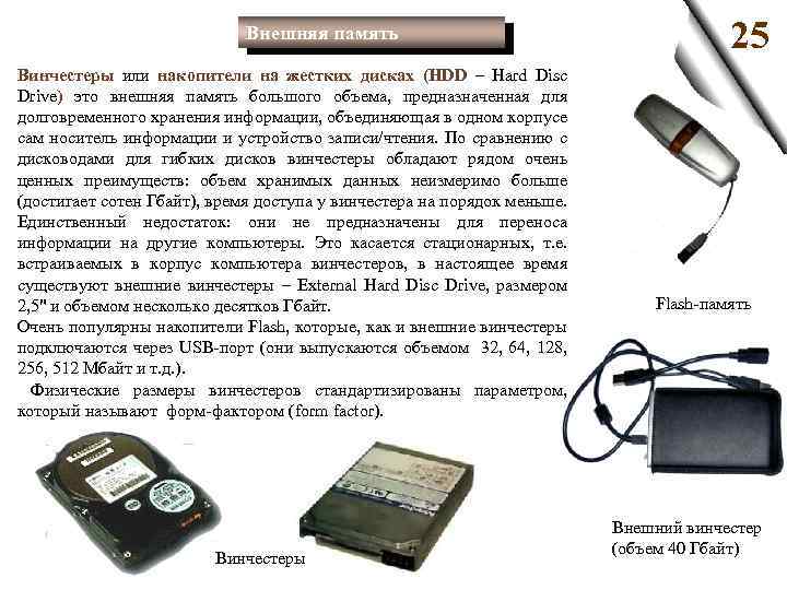 Внешняя память Винчестеры или накопители на жестких дисках (HDD – Hard Disc Drive) это