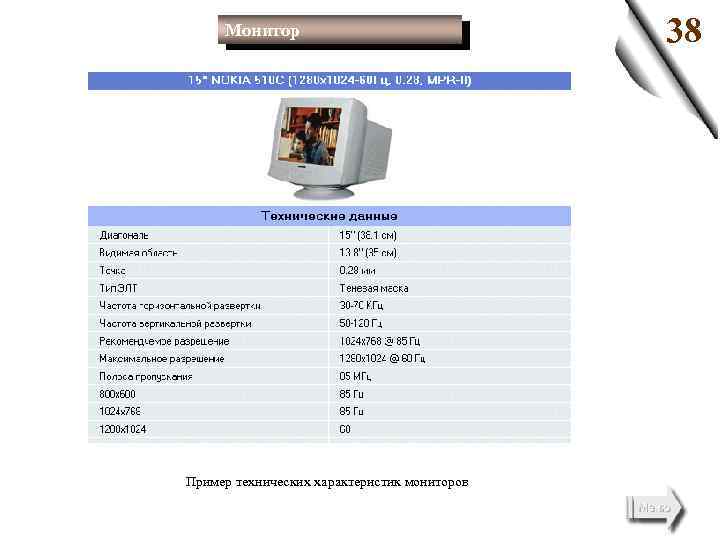 Монитор Пример технических характеристик мониторов 38 