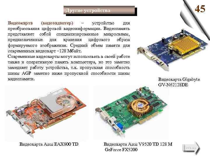 45 Другие устройства Видеокарта (видеоадаптер) – устройство для преобразования цифровой видеоинформации. Видеопамять представляет собой