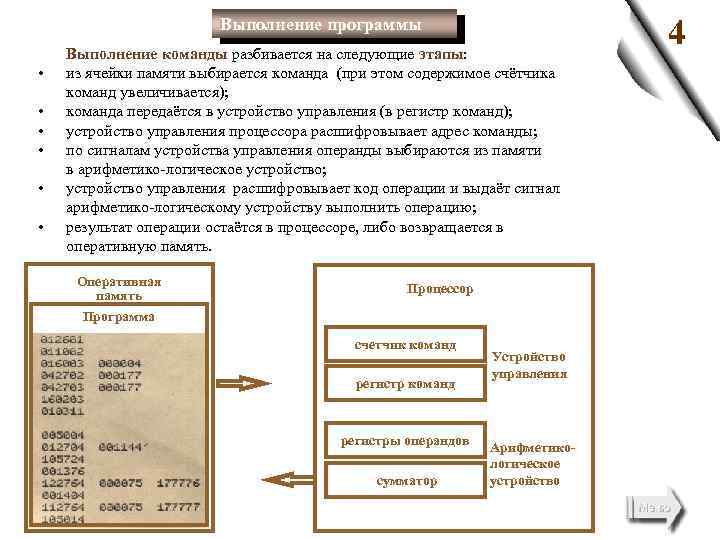 Выполнение программы • • • Выполнение команды разбивается на следующие этапы: из ячейки памяти