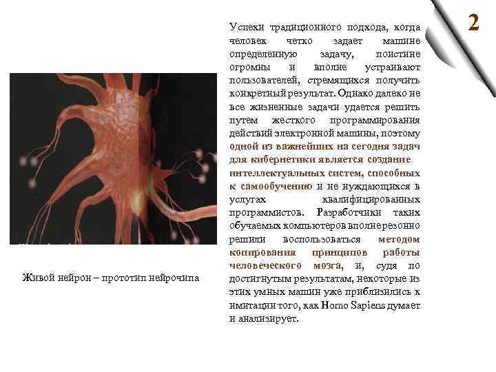 Живой нейрон – прототип нейрочипа Успехи традиционного подхода, когда человек четко задает машине определенную