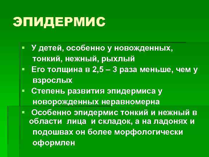 ЭПИДЕРМИС § У детей, особенно у новожденных, тонкий, нежный, рыхлый § Его толщина в