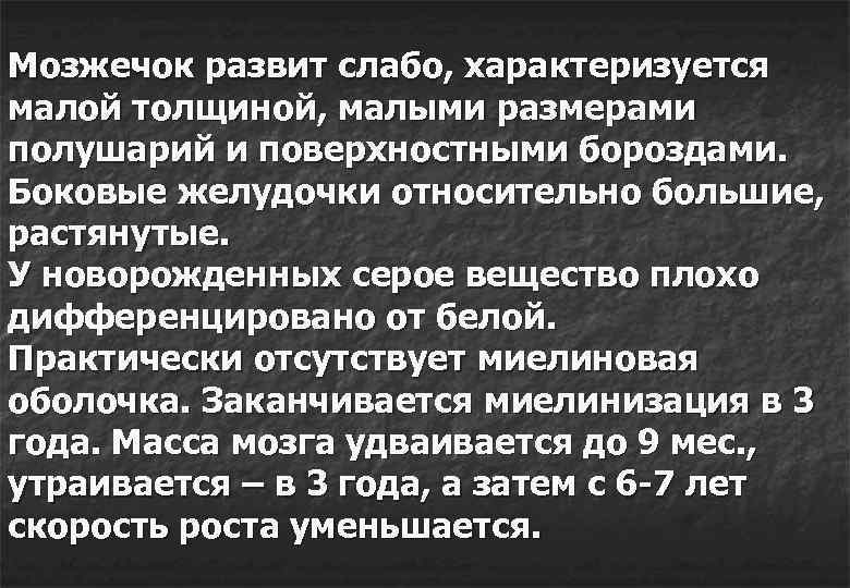 Мозжечок развит слабо, характеризуется малой толщиной, малыми размерами полушарий и поверхностными бороздами. Боковые желудочки