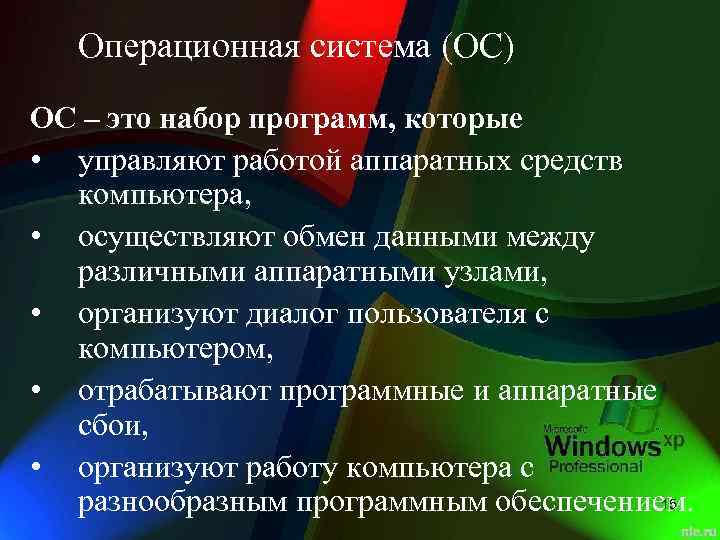 Операционная система (ОС) ОС – это набор программ, которые • управляют работой аппаратных средств