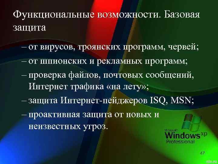 Функциональные возможности. Базовая защита – от вирусов, троянских программ, червей; – от шпионских и