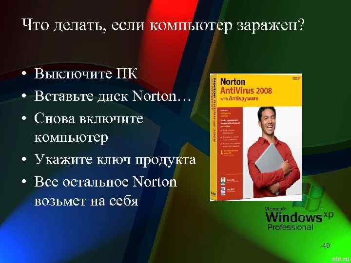 Что делать, если компьютер заражен? • Выключите ПК • Вставьте диск Norton… • Снова