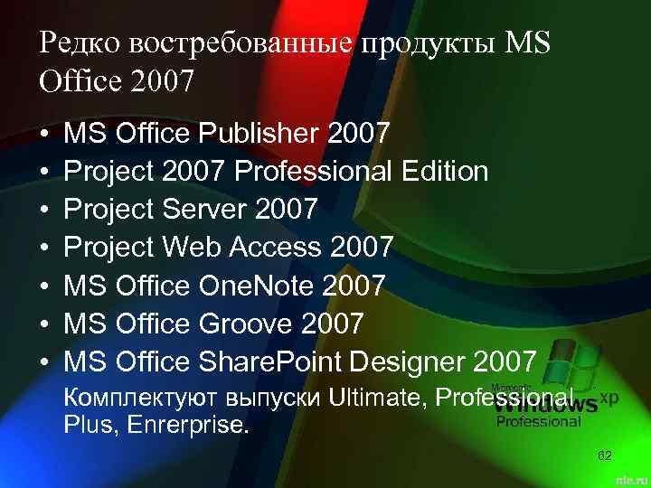 Редко востребованные продукты MS Office 2007 • • MS Office Publisher 2007 Project 2007