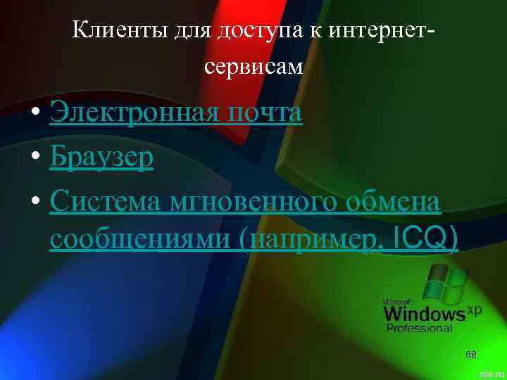 Клиенты для доступа к интернетсервисам • Электронная почта • Браузер • Система мгновенного обмена