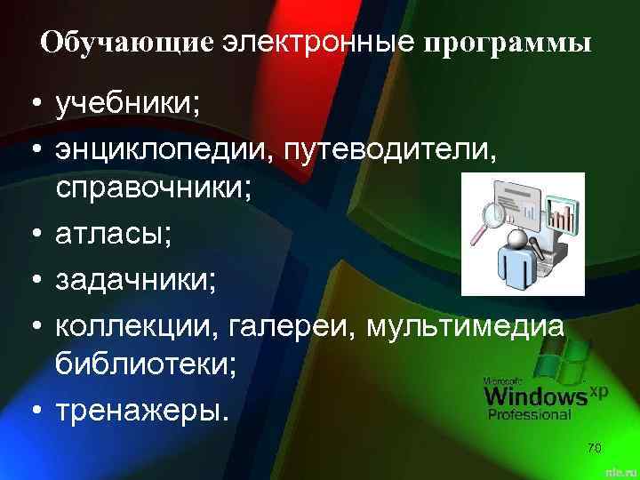 Обучающие электронные программы • учебники; • энциклопедии, путеводители, справочники; • атласы; • задачники; •