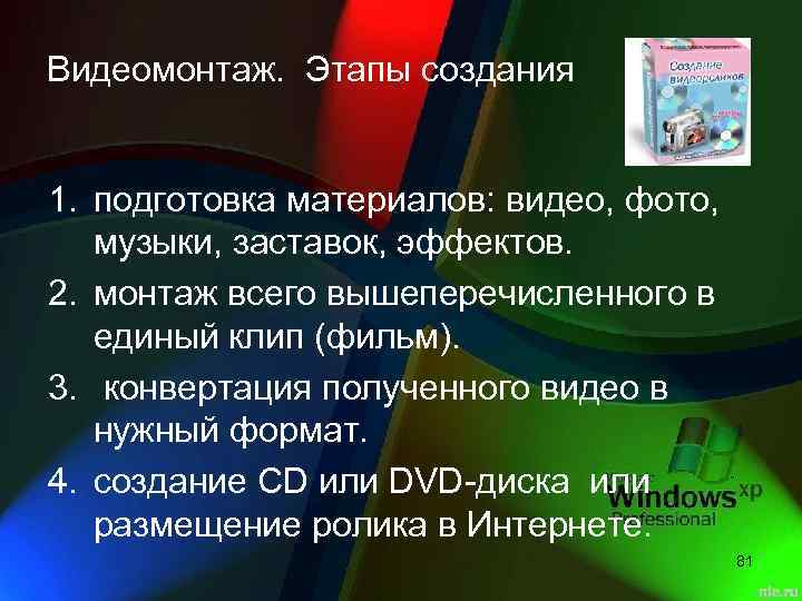 Видеомонтаж. Этапы создания 1. подготовка материалов: видео, фото, музыки, заставок, эффектов. 2. монтаж всего