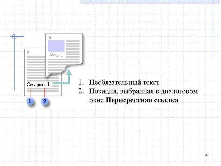 1. Необязательный текст 2. Позиция, выбранная в диалоговом окне Перекрестная ссылка 4 