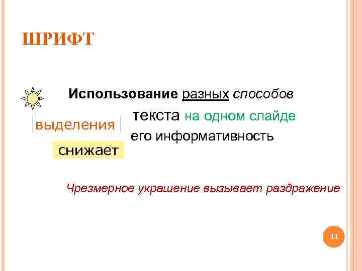 ШРИФТ Использование разных способов текста на одном слайде выделения его информативность снижает Чрезмерное украшение