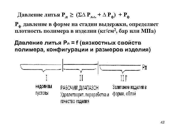 Давление литья Рл ≥ (Σ∆ Рл. с. + ∆ Рф) + Рф Рф давление