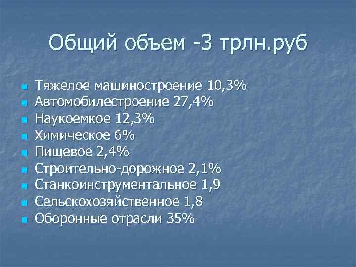 Общий объем -3 трлн. руб n n n n n Тяжелое машиностроение 10, 3%