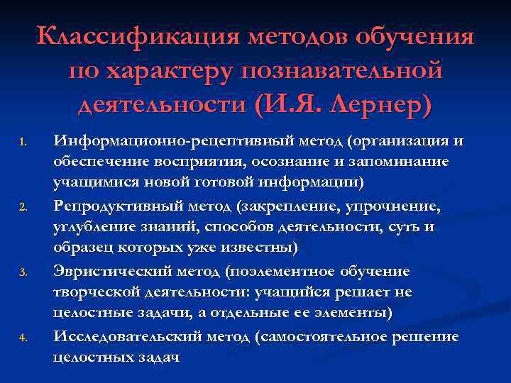 Классификация методов обучения по характеру познавательной деятельности (И. Я. Лернер) 1. 2. 3. 4.