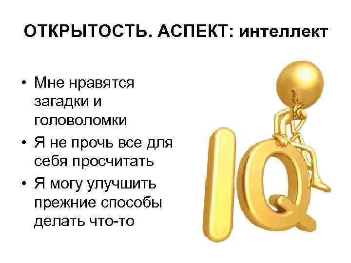 ОТКРЫТОСТЬ. АСПЕКТ: интеллект • Мне нравятся загадки и головоломки • Я не прочь все