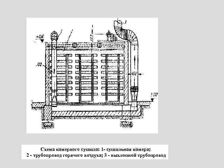 Схема камерного сушила: 1 - сушильная камера; 2 - трубопровод горячего воздуха; 3 -
