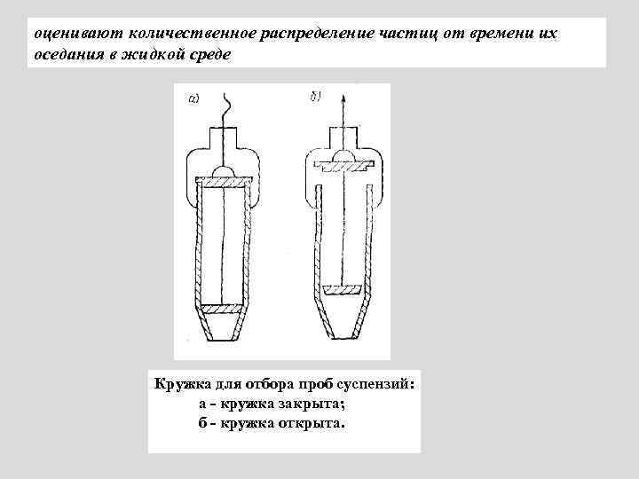 оценивают количественное распределение частиц от времени их оседания в жидкой среде Кружка для отбора