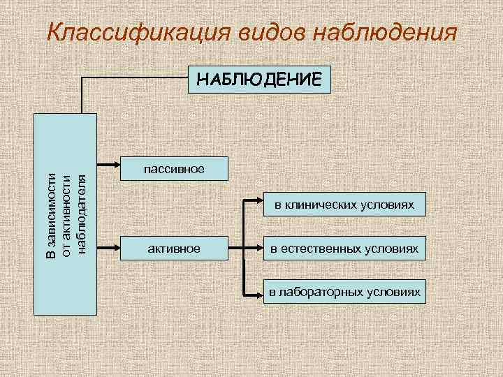 Классификация видов наблюдения В зависимости от активности наблюдателя НАБЛЮДЕНИЕ пассивное в клинических условиях активное