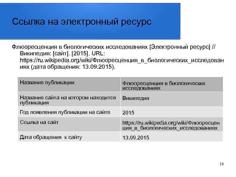 Ссылка на электронный ресурс Флюоресценция в биологических исследованиях [Электронный ресурс] // Википедия: [сайт]. [2015].
