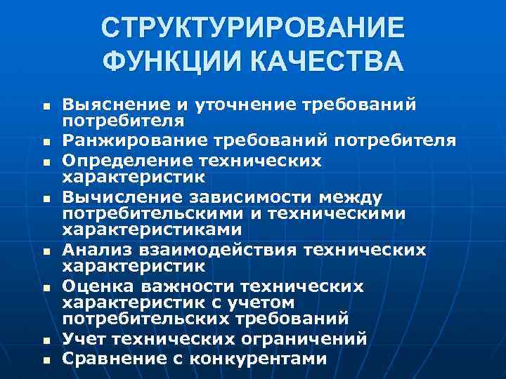 СТРУКТУРИРОВАНИЕ ФУНКЦИИ КАЧЕСТВА n n n n Выяснение и уточнение требований потребителя Ранжирование требований