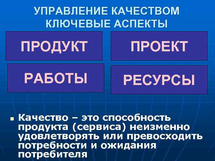 УПРАВЛЕНИЕ КАЧЕСТВОМ КЛЮЧЕВЫЕ АСПЕКТЫ ПРОДУКТ РАБОТЫ n ПРОЕКТ РЕСУРСЫ Качество – это способность продукта