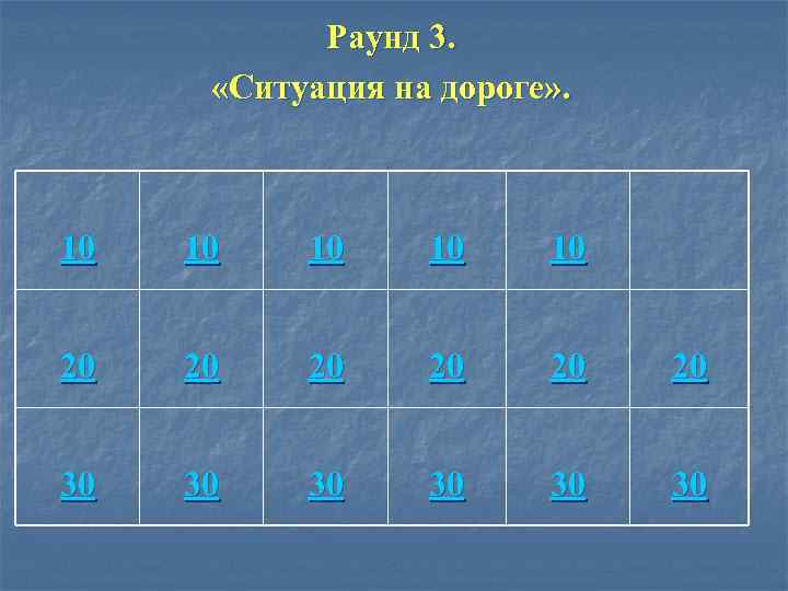 Раунд 3. «Ситуация на дороге» . 10 10 10 20 20 20 30 30