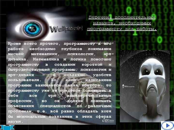 Перечень дополнительных навыков, необходимых программисту для работы. Кроме всего прочего, программисту в его работе