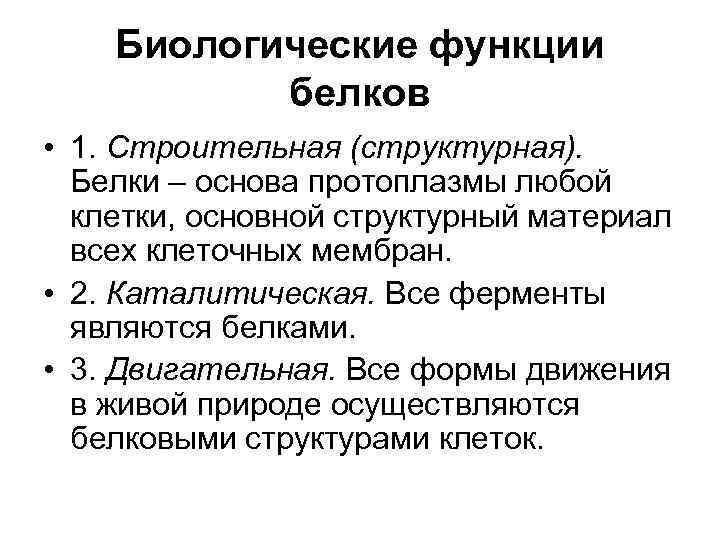 Биологические функции белков • 1. Строительная (структурная). Белки – основа протоплазмы любой клетки, основной