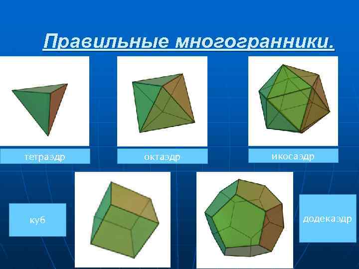 Правильные многогранники. тетраэдр куб октаэдр икосаэдр додекаэдр 